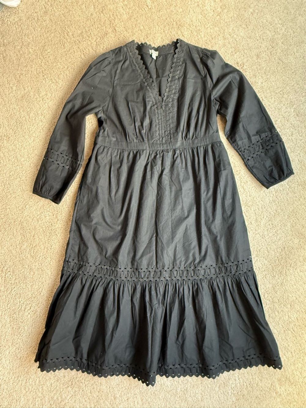 J Crew Black cotton eyelet V-Neck Long Sleeve Midi Dress sz M - Picture 6 of 8